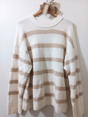 Cozy American Eagle Minimalist Neutral Striped Ribbed Knit Sweater Size XL